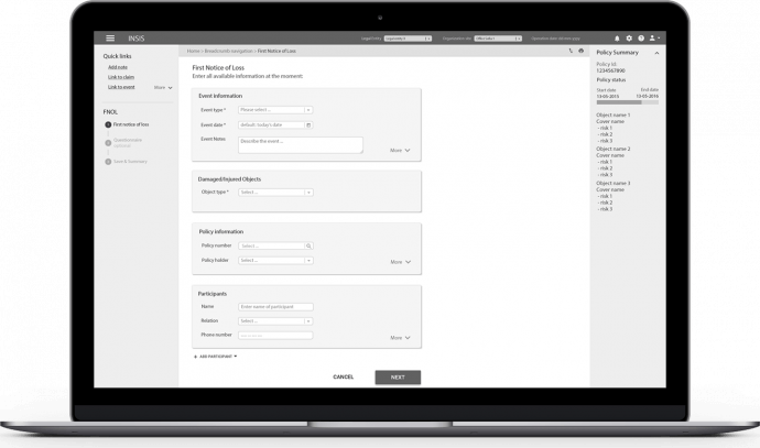 First notice of loss screen example