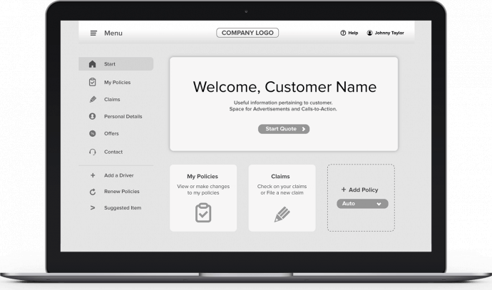 Low-fidelity prototype of the home screen of the insurance customer portal